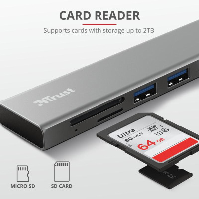 Концентратор Trust HALYX FAST 3USB+CARD READER USB-C ALUMINIUM (24191_TRUST) Винница - изображение 2