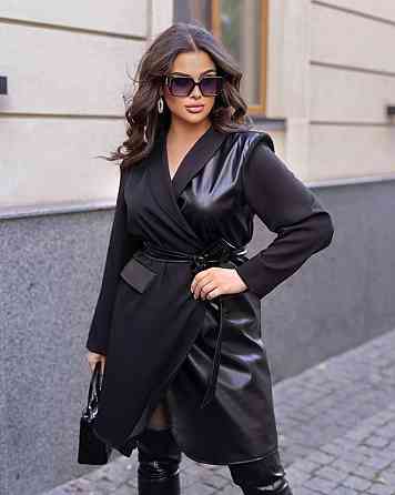 Женское стильное платье-пиджак с поясом костюмная ткань + экокожа Черный, 46/48 Одесса