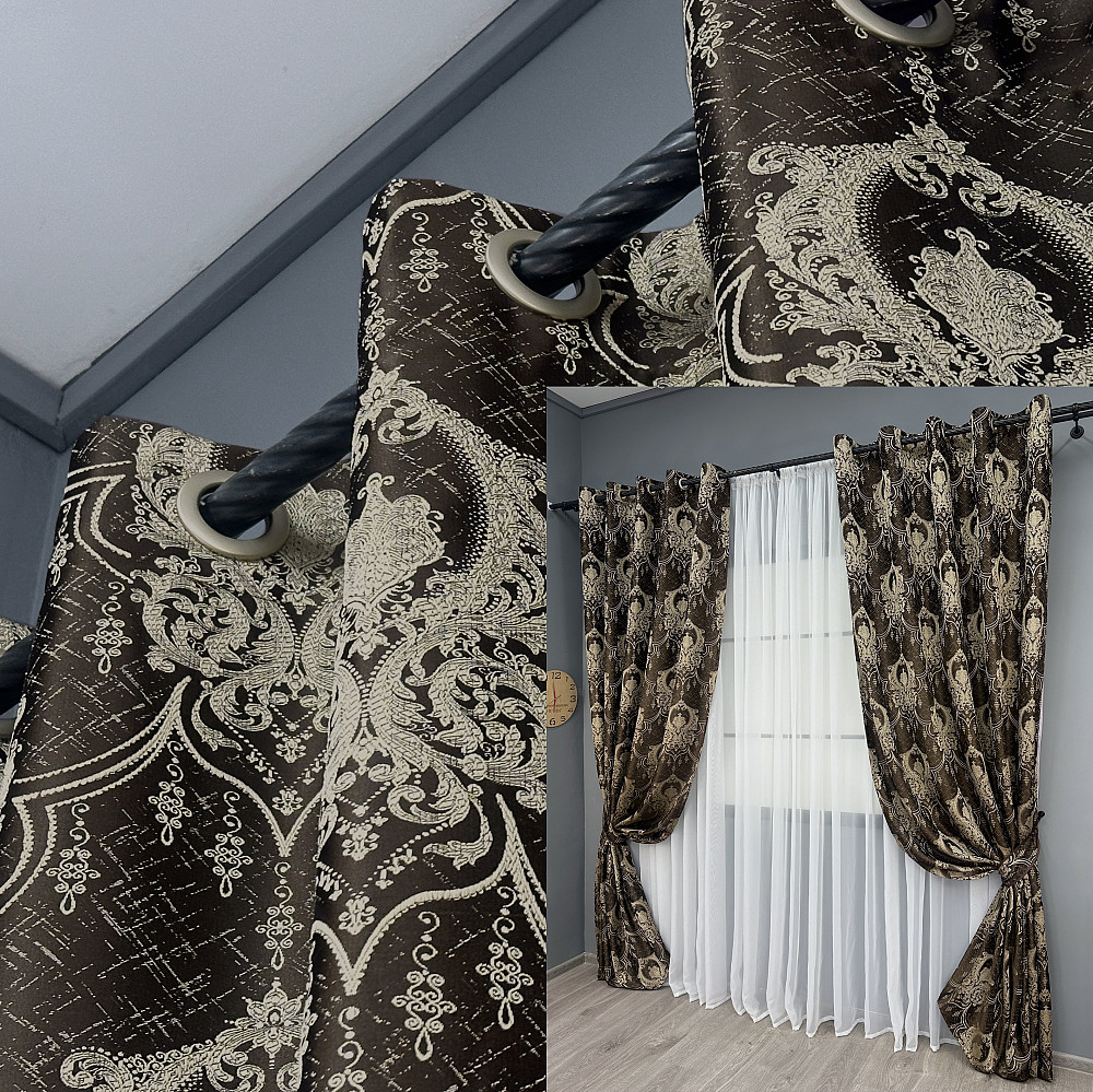 Комплект штор на люверсах VR-Textil Парча № 1774ш Венге с бежевым 155х270 см 2 шт (37-0263) Киев - изображение 1