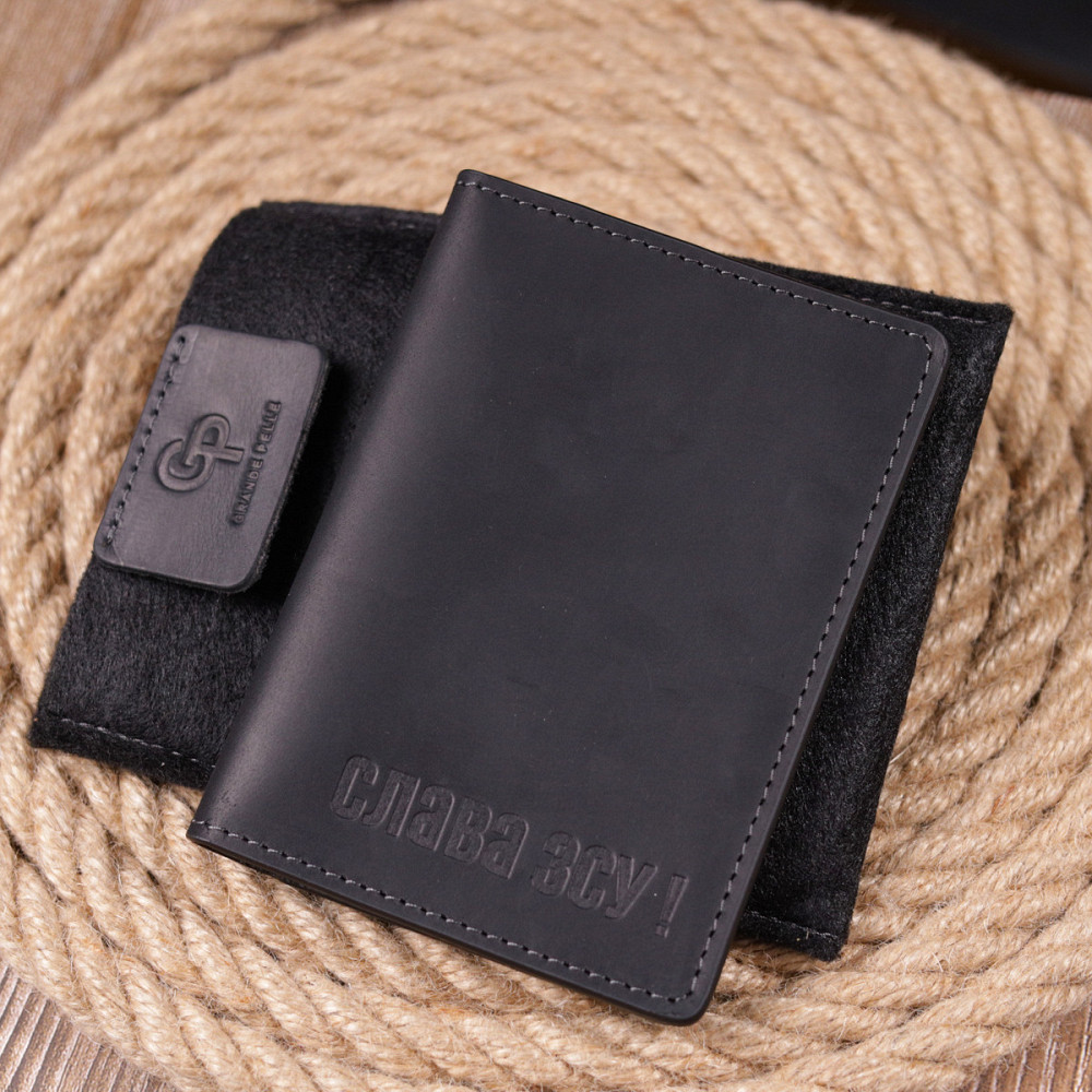 Обложка из винтажной кожи на военный билет Слава ЗСУ GRANDE PELLE 16750 Черная Киев - изображение 1