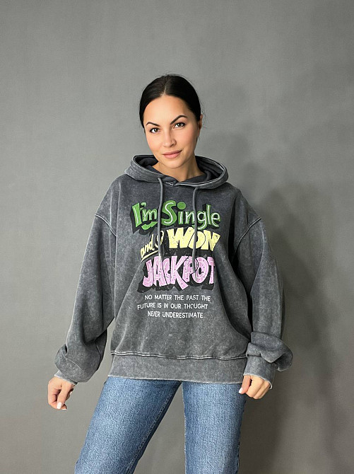 Худи женский A-N 25040 удлиненный оверсайз с капюшоном вареный дай цветная надпись впереди one size, графит, one size Киев - изображение 16