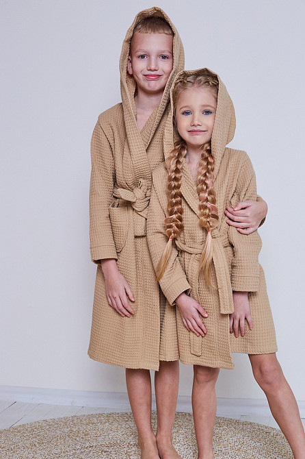 Халат детский вафельный Ideal Textile с капюшоном бежевый (56860680) Черновцы - изображение 1