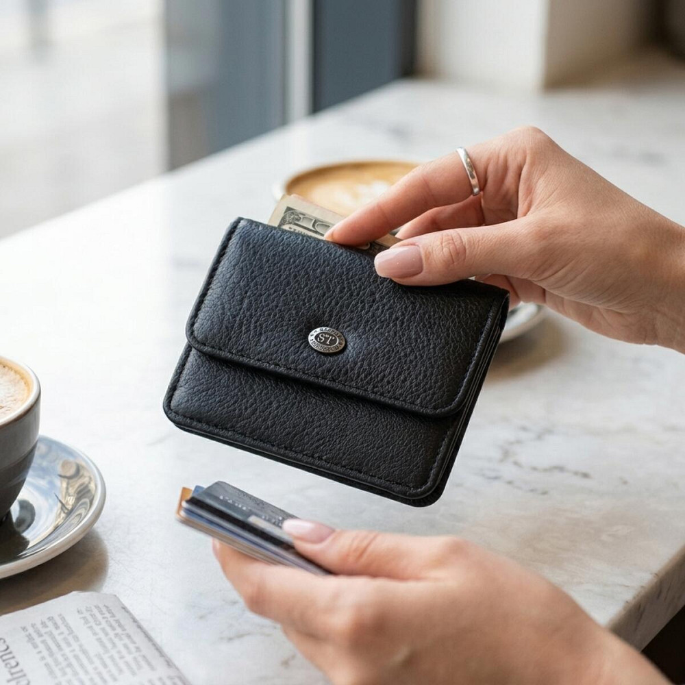 Жіночий шкіряний гаманець для карток купюр та монет ST Leather 22690 Чорний Київ - фото 13