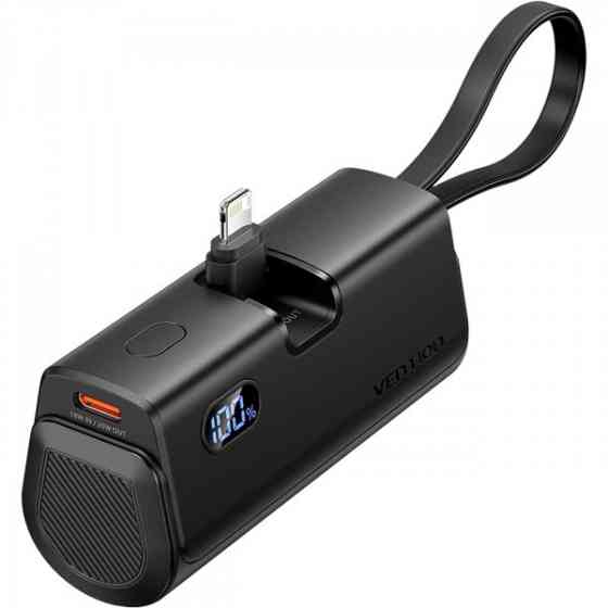 УМБ Vention 4800mAh 22,5W PD, USB-C In/Out, LED display, with built-in Lightning cable Black Киев
