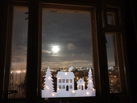 Светодиодное новогоднее украшение елочки и домики на окно или стену 60 на 30 см из фетра Германия белый Киев