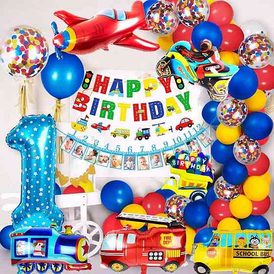 Набір декору 1st Birthday синьо-зелено автотема iZoeL кульки банер фольга торт топпери для хлопчика Київ