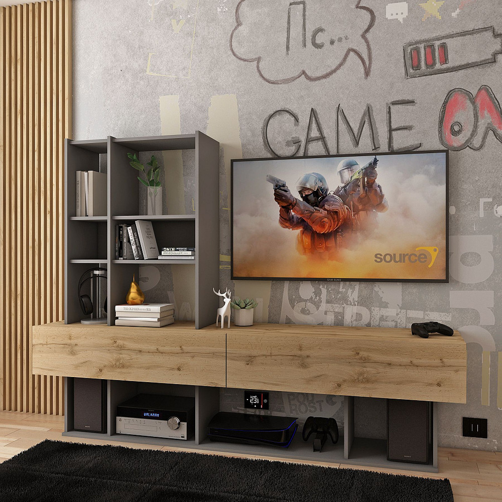 Стінка у вітальню Doros Нота 195х42х147 см Графіт/Дуб евок (DRS-011334) Дніпро - фото 1