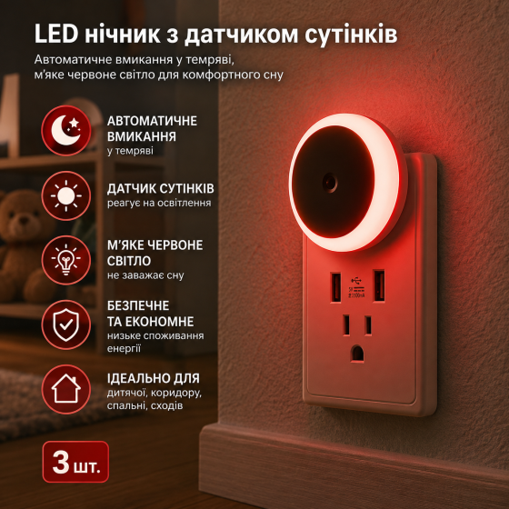Ночник FanFuGuo 608, 3 шт., LED ночник с датчиком сумерек, автоматическое включение, красный, для детской, коридора Киев