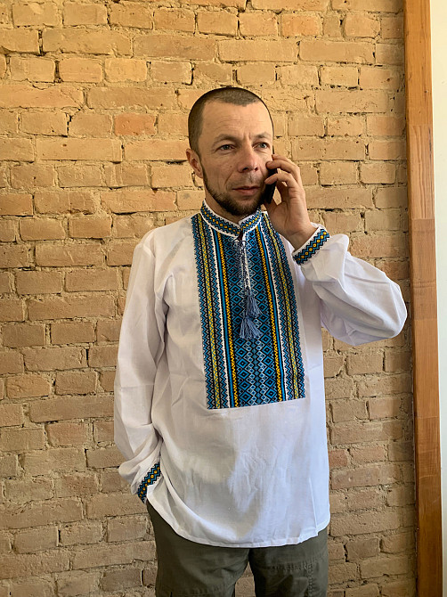 Вишиванка на домотканому полотні синьо-жовтий орнамент Київ - фото 2