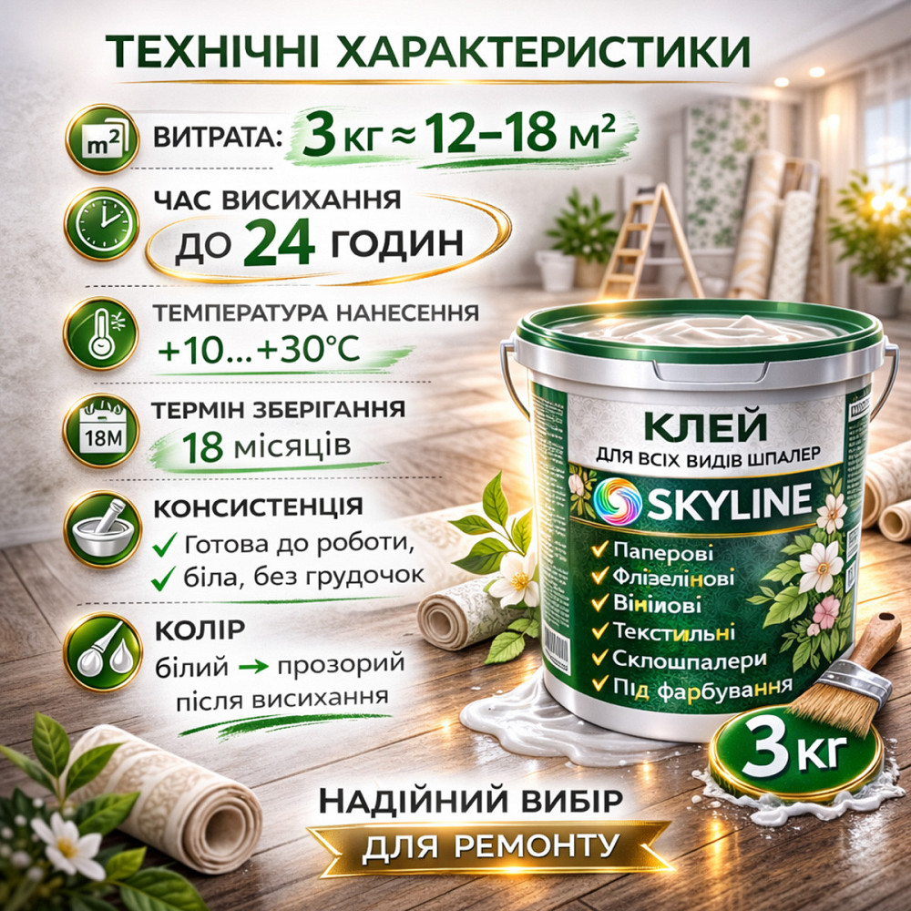 Клей для шпалер Skyline універсальний суперміцний для скловолокна і важких шпалер, готовий без запаху 3 кг Харків - фото 8