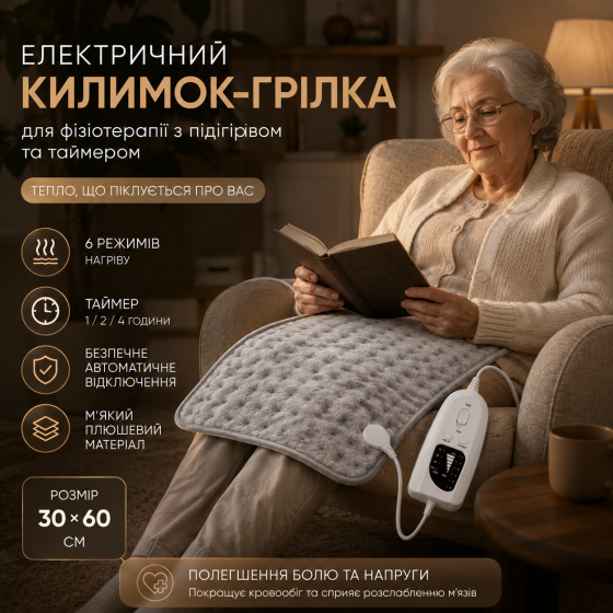 Электрический коврик-грелка для физиотерапии с подогревом и таймером (30*60 см), электрогрелка на 6 режимов нагрева Киев