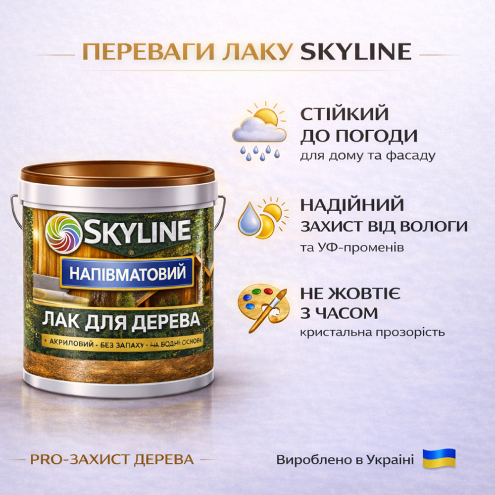 Лак для дерева Skyline напівматовий акриловий прозорий без запаху для внутрішніх та зовнішніх робіт 10 л Харків - фото 6