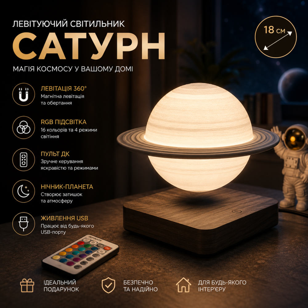 Левитирующий RGB светильник «Сатурн» 18 см с пультом дистанционного управления, магнитная левитация, ночник-планета, вращение 360° Киев - изображение 11