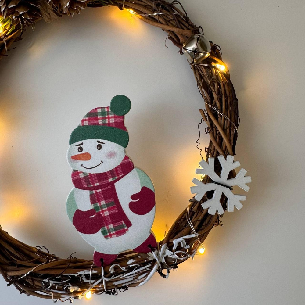 Рождественский венок из ротанги новогодний венок подвесной декор 18 см Niki Light LED от батареек снеговик Киев - изображение 8