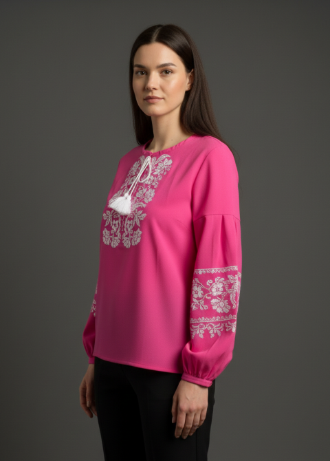 Шифонова  жіноча блуза вишиванка в рожевому  малиновому кольорі Київ - фото 3
