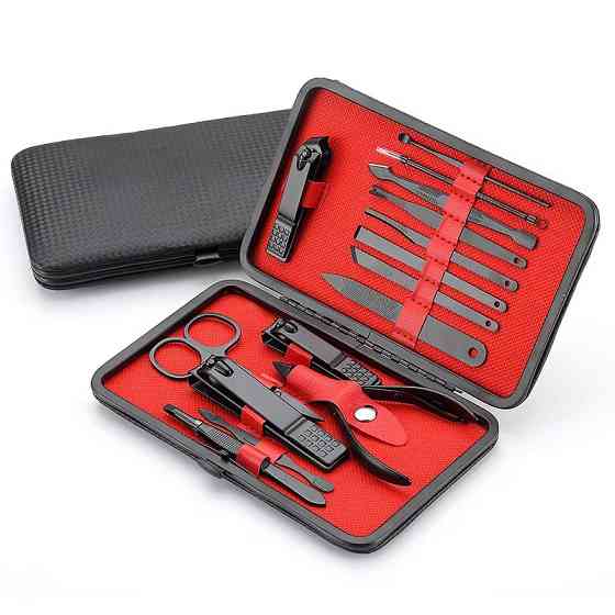 Набор для маникюра и педикюра универсальных инструментов,16 шт, цвет черный в кейсе пинцет,ножницы, пилочка Каменец-Подольский