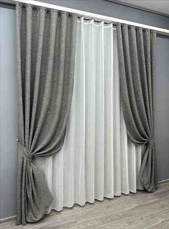 Комплект штор VR-Textil Лен Мешковина 150х270 2шт и Тюль 400х270 108ш-115т Серый с белым 71-024/3 Киев