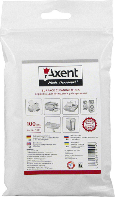 Серветки для оргтехніки вологі "Axent" змінні (упак.100 шт.), 5311-А, шт Київ - фото 1
