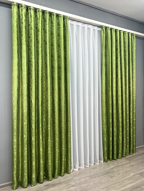 Комплект готовых штор VR-Textil Жаккард Мрамор Al1 № 1907ш Оливковый 150х270 см 2 шт (33-0959) Киев - изображение 4