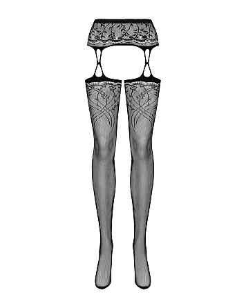 Чулки-стокинги с растительным рисунком Obsessive Garter stockings S206 black S/M/L черные, имитация Sex Aura Киев
