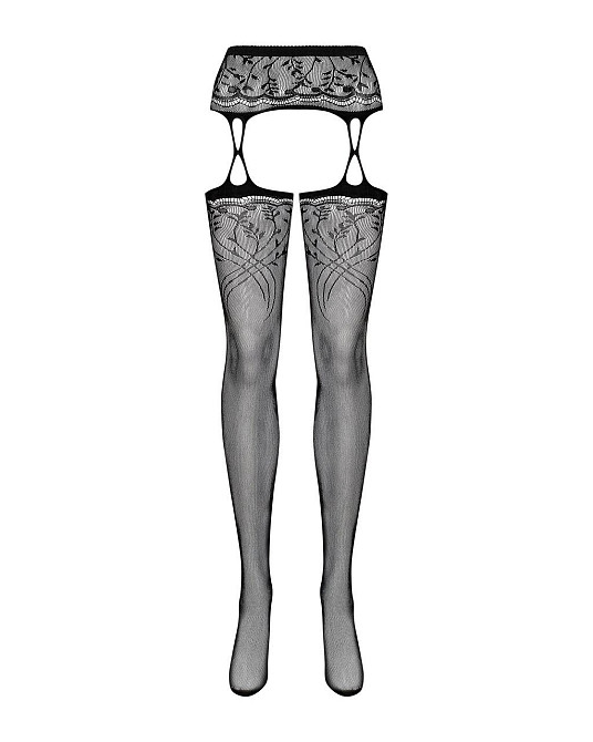 Чулки-стокинги с растительным рисунком Obsessive Garter stockings S206 black S/M/L черные, имитация Sex Aura Киев - изображение 5