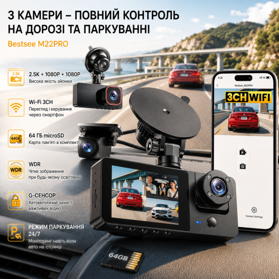 Видеорегистратор Bestsee M22PRO 3 камеры 2.5K+1080P+1080P, 64 ГБ, WDR, Wi-Fi, G-сенсор, парковка 24/7 Киев