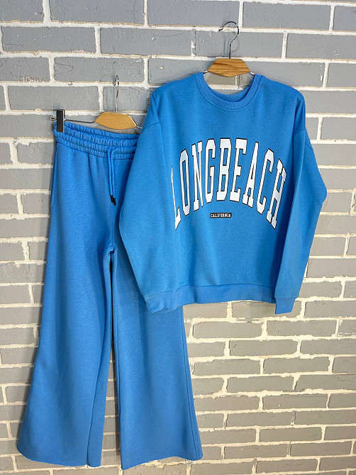 Костюм женский Quzen 388-488 удлиненный свитшот надпись брюки палаццо широкие утепленный на флисе синий, синий, S Киев - изображение 15