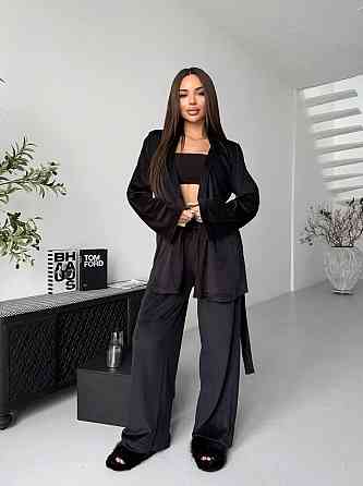 Жіночий стильний домашній костюм штани палаццо + кімоно, велюр Чорний, 46/48 Одеса