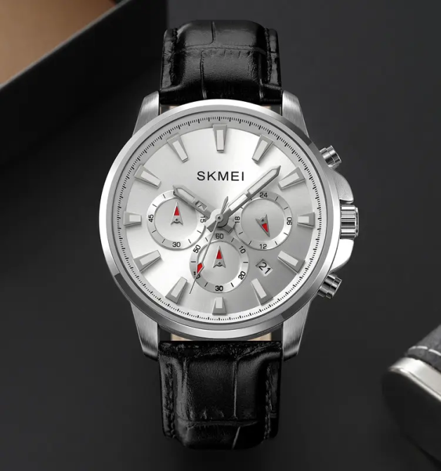 Чоловічий наручний годинник Skmei 2071 з ремінцем з еко-шкіри (Сріблястий) Вінниця - фото 3