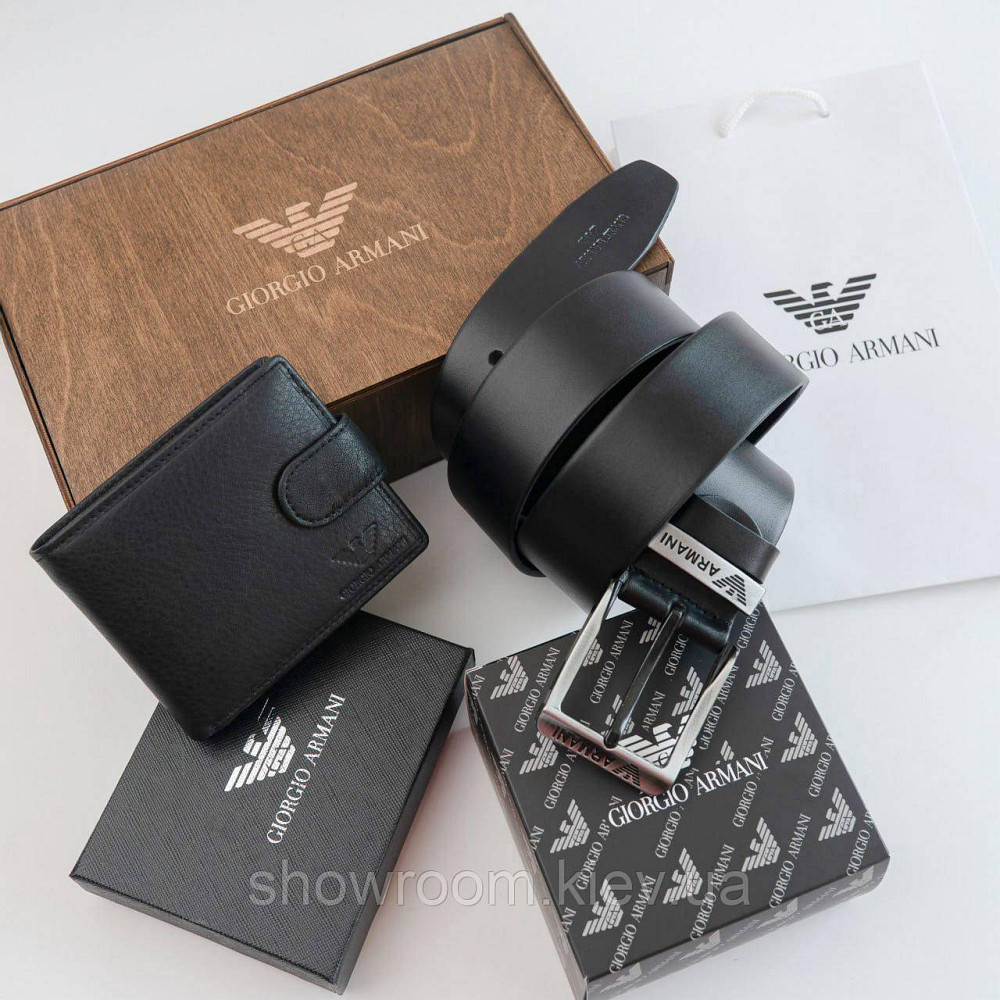 Чоловічий подарунковий набір ремінь та гаманець у дерев'яній коробці Armani (303) Київ - фото 1