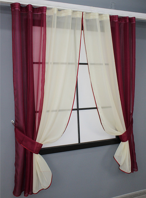Кухонные шторы VR-Textil № 017к комбинированные с подвязками бордовый с бежевым 265х170 см (50-564) Киев - изображение 2
