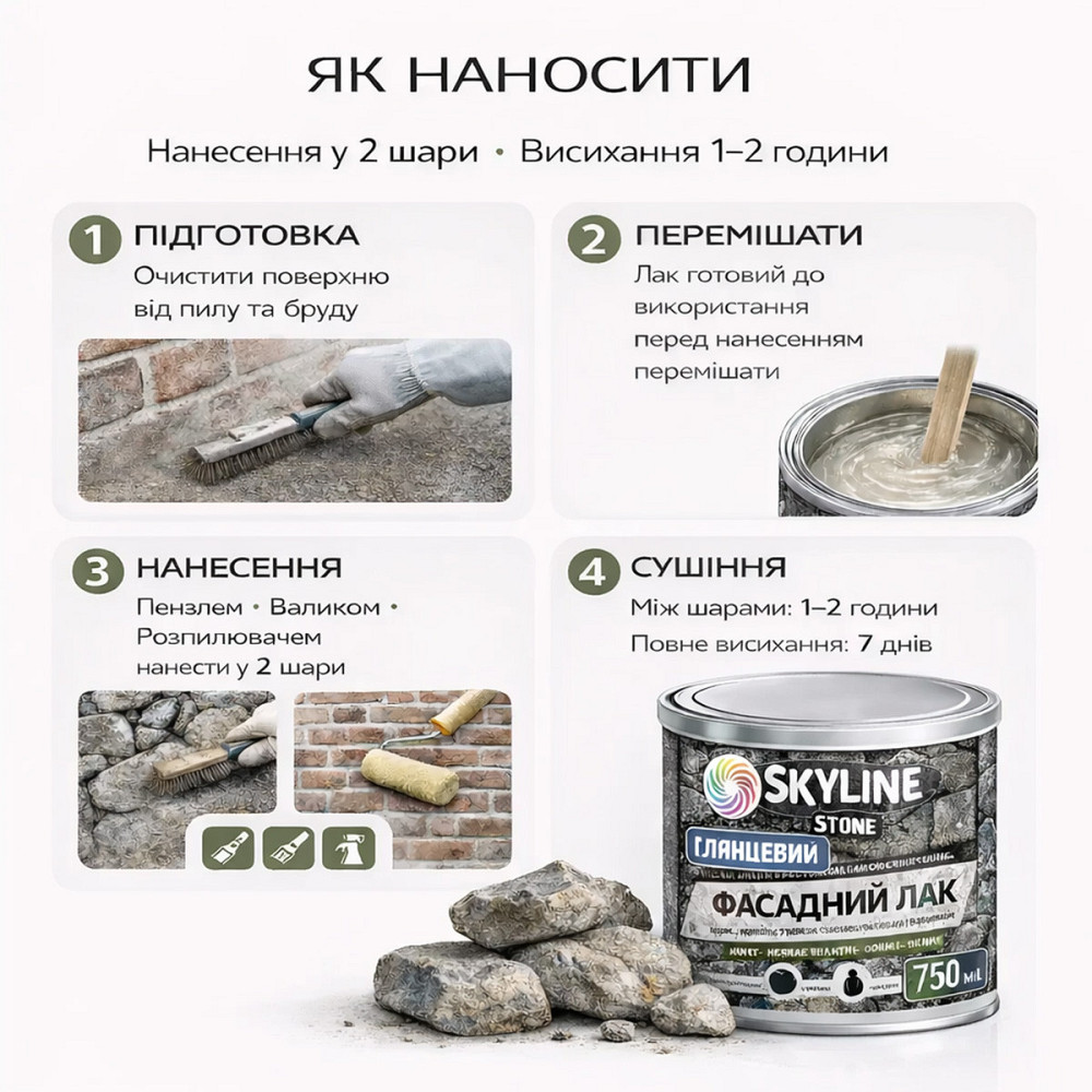 Фасадний акриловий лак для каменю та фасаду SkyLine Stone глянцевий прозорий «Мокрий камінь» 3 л Харків - фото 7