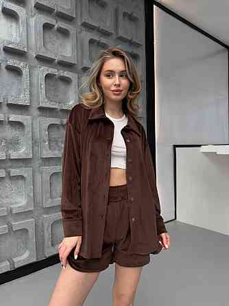 Женский прогулочный оверсайз костюм двойка: рубашка и шорты турецкий велюр спорт Шоколад Одесса