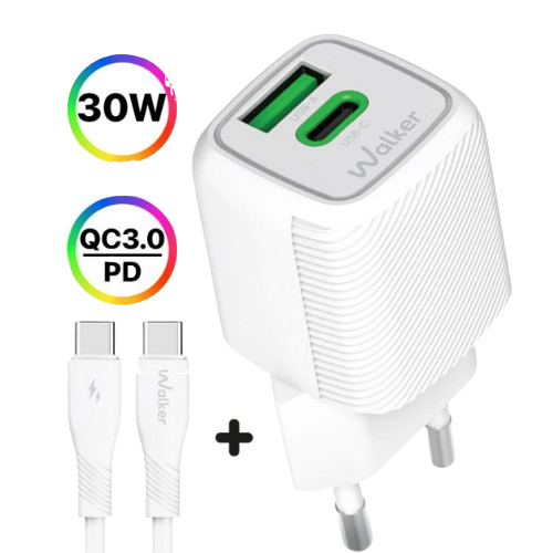 Зарядний пристрій мережевий USB/Type-C + кабель Type-C 30W білий GaN WALKER WH-71 white Житомир