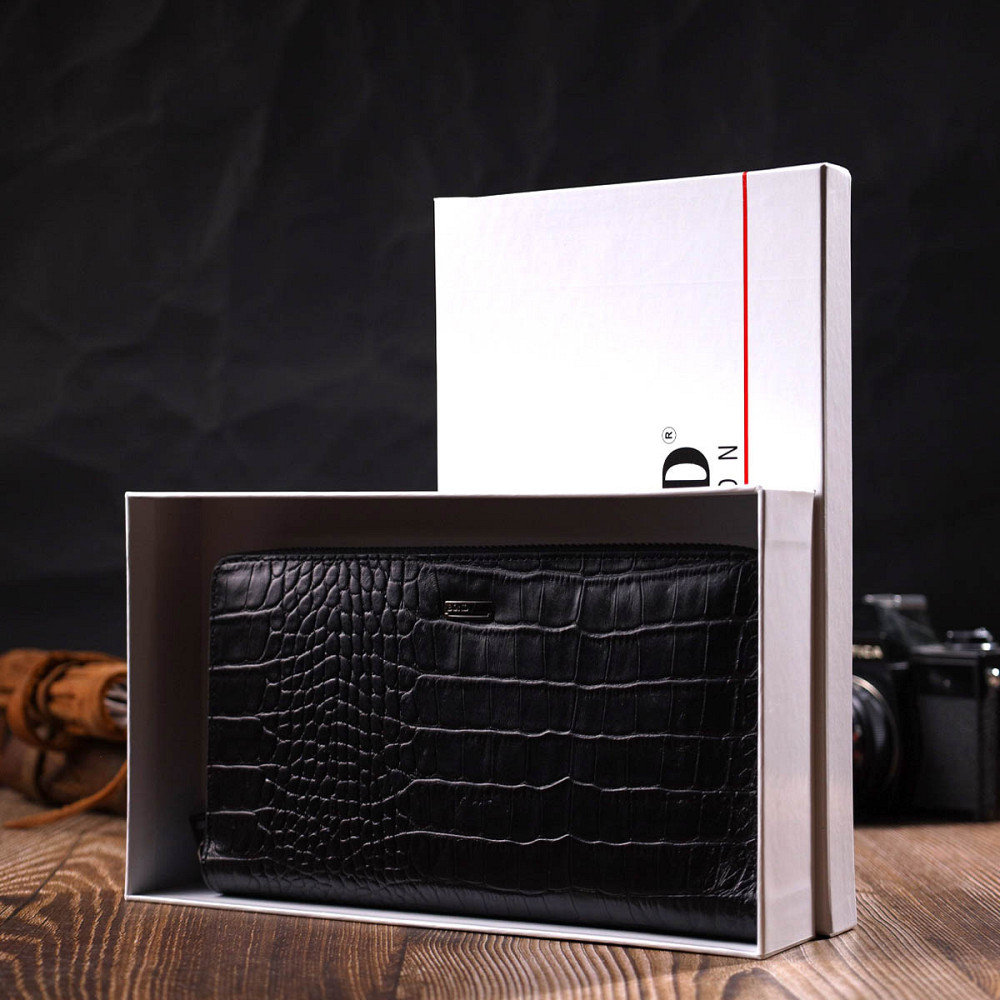 Добротный мужской клатч с одним отделением из натуральной кожи с тиснением под крокодила Черный (BOND) Киев - изображение 4