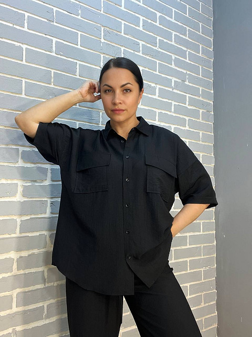 Костюм женский Mix Ray 4218 ткань жатка рубашка на пуговицах карманы и широкие брюки на резинке черный, черный, L Киев - изображение 2
