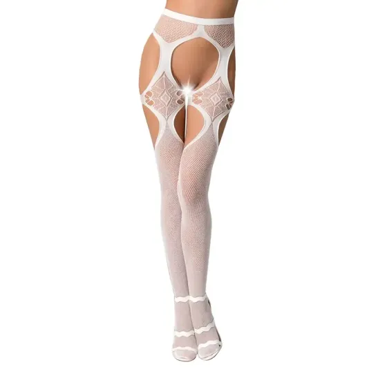 Еротичні колготки-бодістокінги Passion S023 One Size, White, імітація панчіх з ромбами та пояском Львів