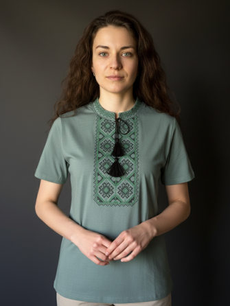 Футболка вышиванка оливкового цвета с воротником стойкой с зеленым орнаментом 5XL Киев