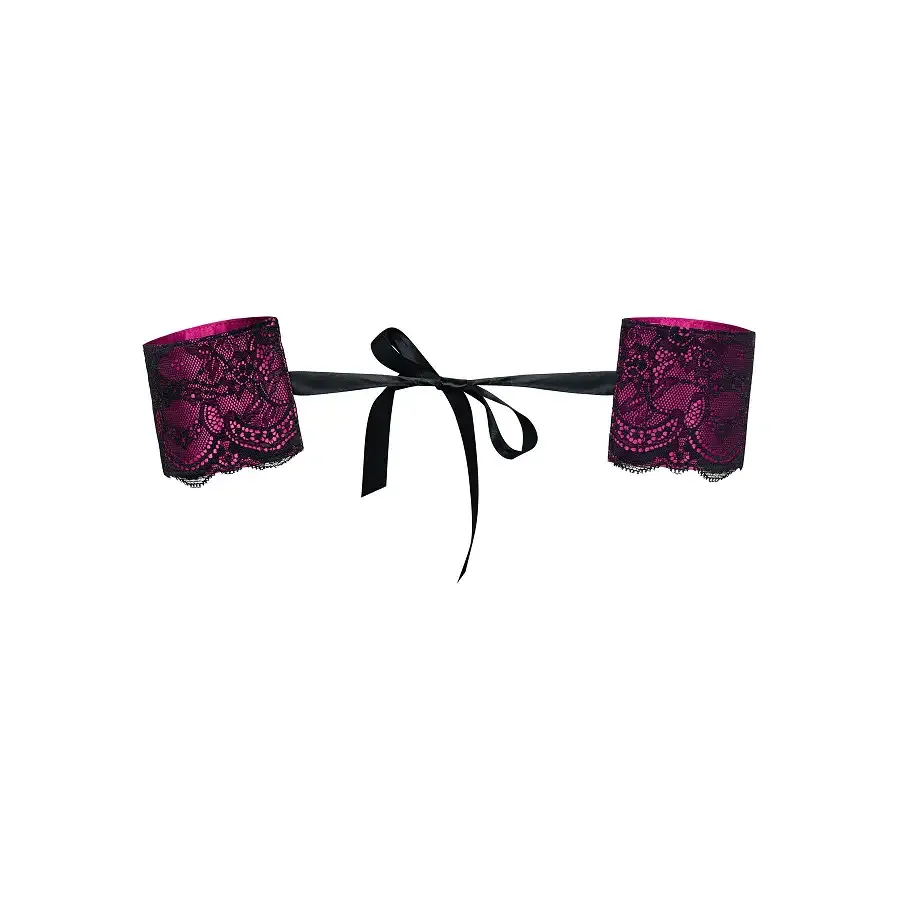 Атласні наручники-манжети на стрічках Obsessive Roseberry cuffs, pink, прикрашені мереживом Львів - фото 1