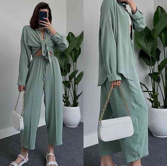 Жіночий легкий брючний костюм-двійка: сорочка та штани американський креп Оливка, 44/46 Одеса