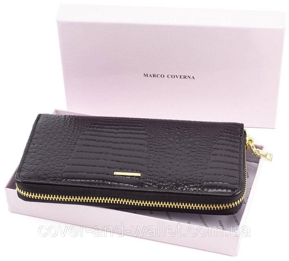 Черный женский кожаный лаковый кошелек на молнии для денег и карт Marco Coverna Киев - изображение 2