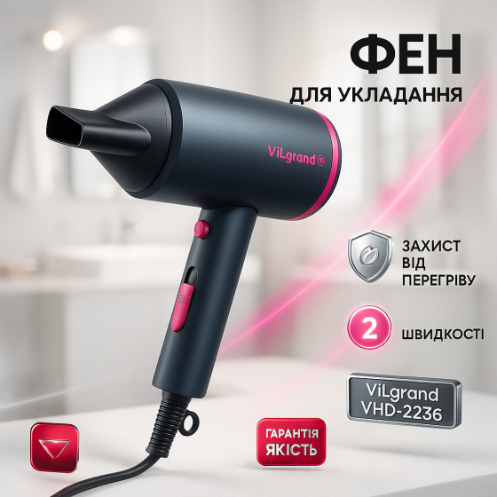 Фен для дома и путешествий ViLgrand VHD-2236AIR 2200Вт, Фен для волос 2 режима температуры QC-95 Львов