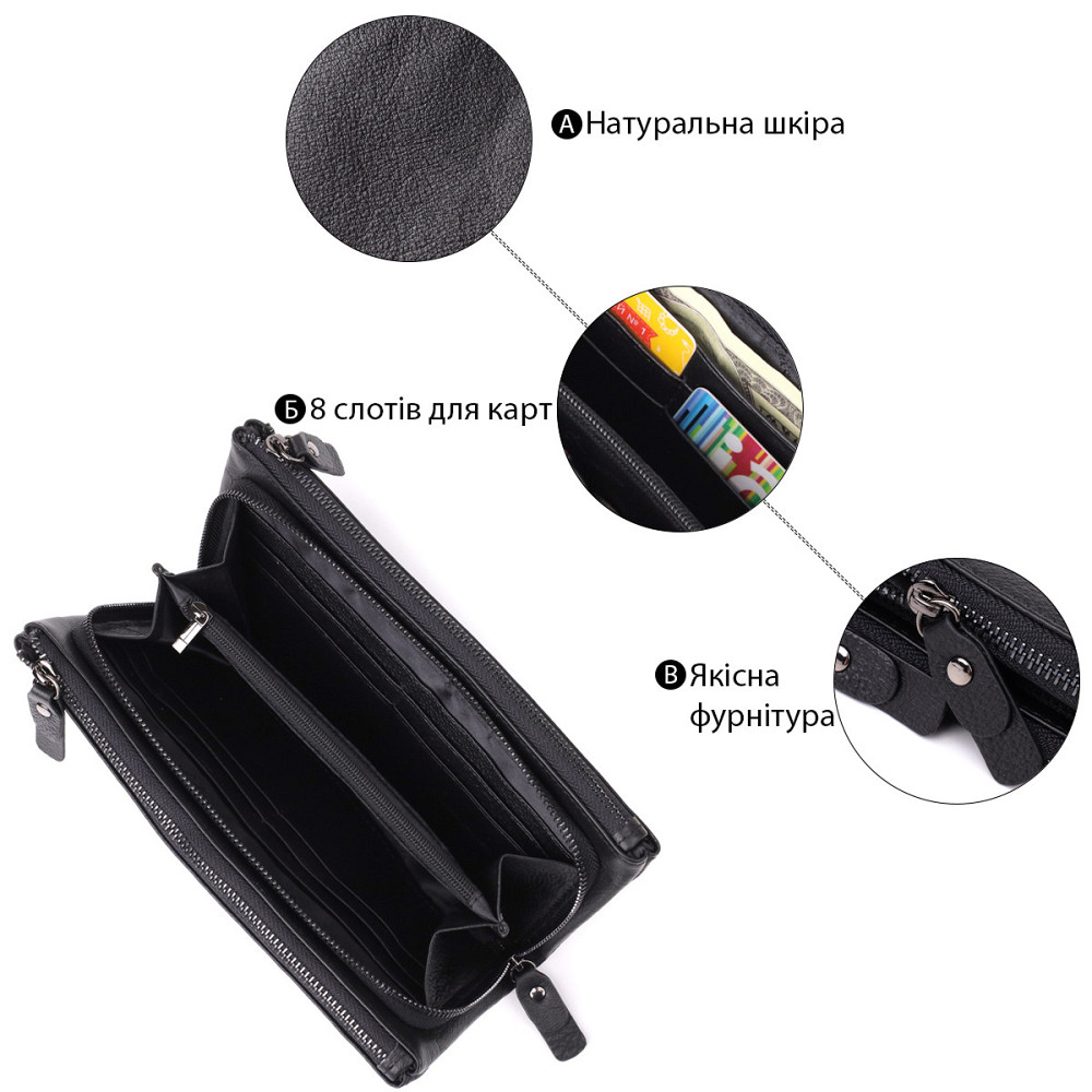 Практичный кожаный кошелек на три отделения Черный (ST Leather) Киев - изображение 8