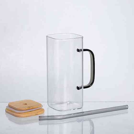 Чашка скляна 400 мл з бамбуковою кришкою та скляною трубочкою HP-19-146 Київ