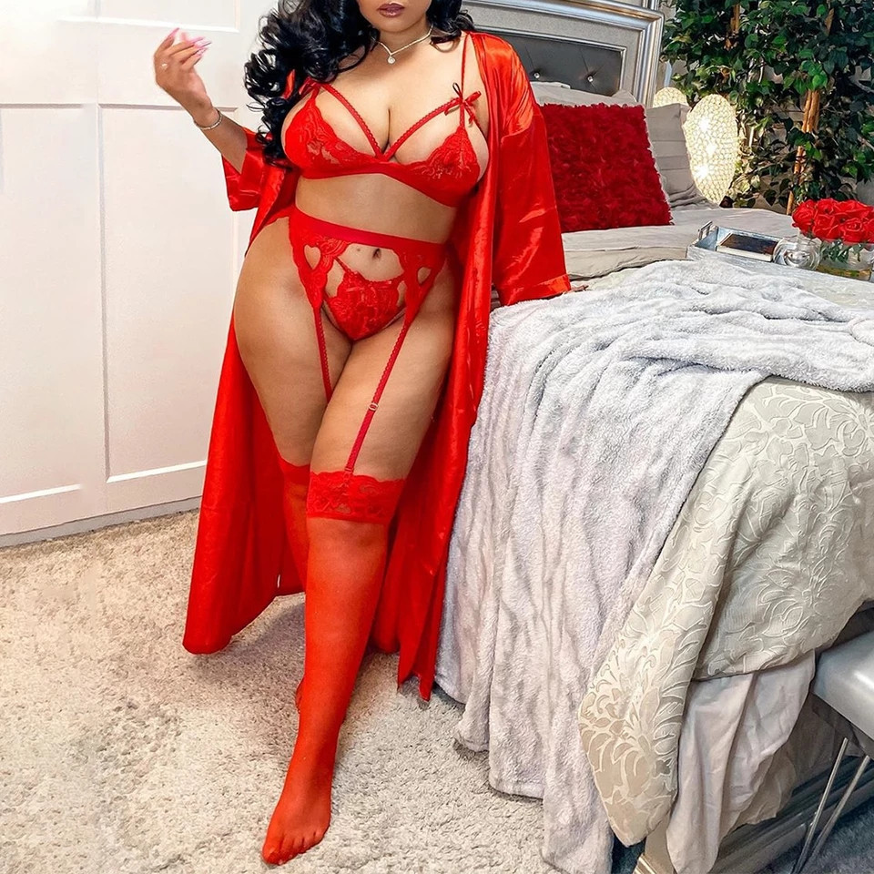 Комплект нижньої білизни з панчохами мереживний еротичний S червоний Київ - фото 3