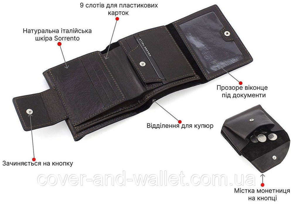 Елітний чоловічий портмоне з італійської шкіри коричневого кольору Grande Pelle 502420 Київ - фото 7