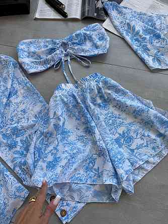 Жіночий літній принтований костюм четвірка: хустинка, кроп-топ, сорочка та шорти штапель/софт Одеса