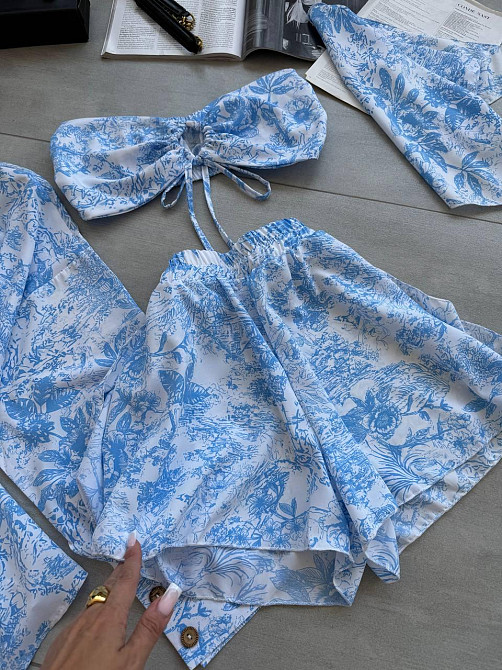 Жіночий літній принтований костюм четвірка: хустинка, кроп-топ, сорочка та шорти штапель/софт Одеса - фото 4