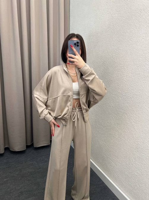 Женский костюм оверсайз с широкими брюками из двунитки Бежевый 46/48 Харьков - изображение 8