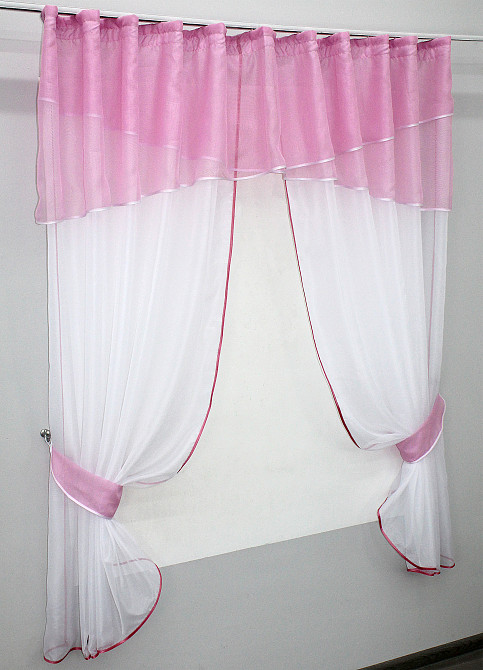 Кухонні штори VR-Textil № 091к з ламбрекеном і підв'язками рожевий з білим 280х170 см (52-0256) Київ - фото 2